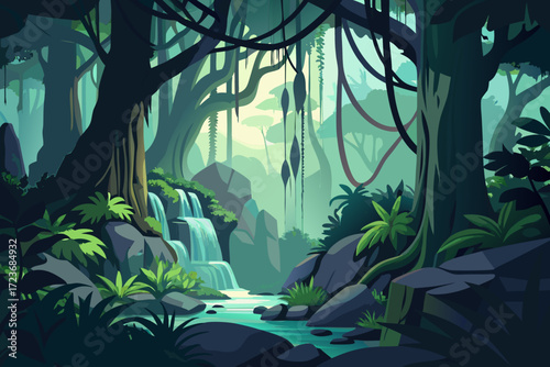 Enchanting jungle scene with tranquil waterfall and lush vegetation, perfect for nature lovers and adventure seekers, evoking serenity and natural beauty