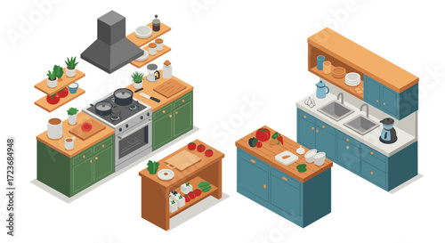 Modern isometric kitchen design with appliances and fresh ingredients