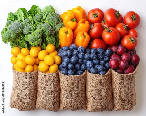 Fresh produce in burlap bags isolated. Showcase healthy food for ads or blog.