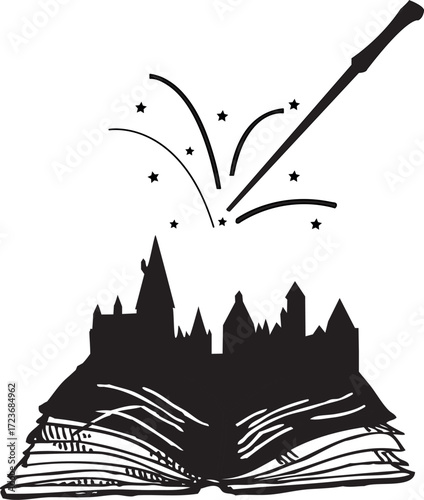 Enchanting wizard book illustration with magical elements and spellbinding typography