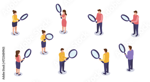 Isometric people analyzing with magnifying glasses