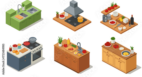 Isometric kitchen sets featuring appliances and ingredients in modern design