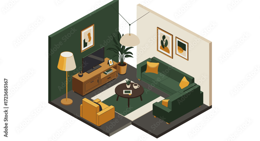 Isometric living room interior design with mid-century modern decor