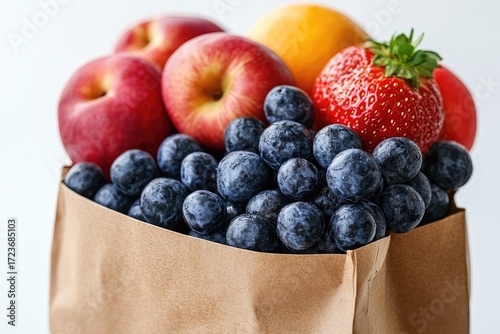 Assorted fruits fill a brown paper bag, healthy and vibrant. Perfect for nutrition, diet, or a healthy snack promotion.