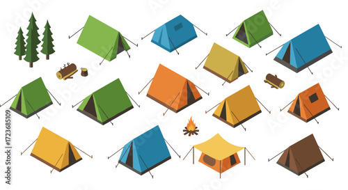 Colorful camping tents and forest elements in isometric style