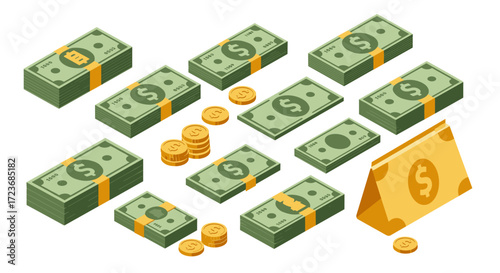 Isometric cash stacks and coins with wallet icon on white background