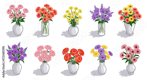 Charming flower arrangements in elegant vases set against a clean white background