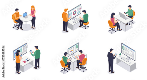 Isometric office scenes with diverse workplace interactions and technology