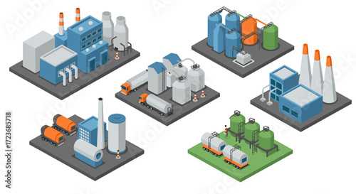 Isometric industrial facility with factories and storage containers illustrating manufacturing processes