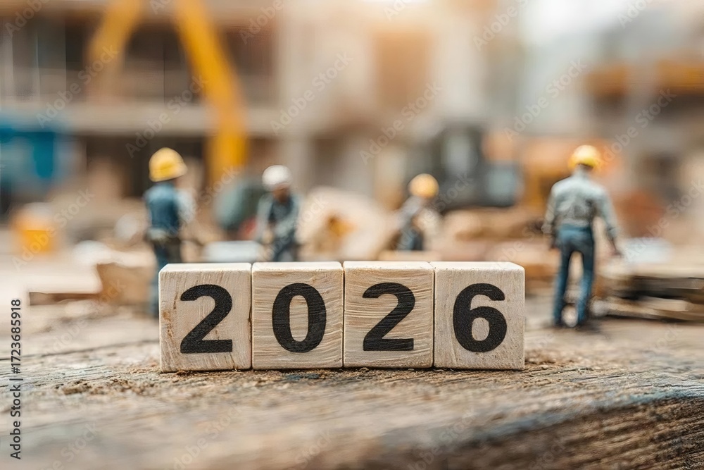 Fototapeta premium 2026 木製ブロックのテキストと建設
