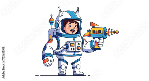 Cartoon Astronaut Boy Holding a Retro Ray Gun Ready for Adventure.