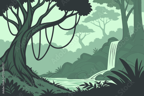 Enchanting jungle landscape with cascading waterfall and lush greenery, perfect for nature lovers, adventure seekers, and travel enthusiasts, great for web design
