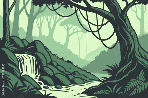 Tranquil jungle scenery with a small waterfall cascading into a stream and lush trees shading the serene landscape, perfect for relaxation visuals