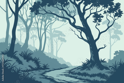 Enchanting forest scene with winding path and towering trees, perfect for nature lovers and outdoor adventurers seeking tranquility and peaceful escape