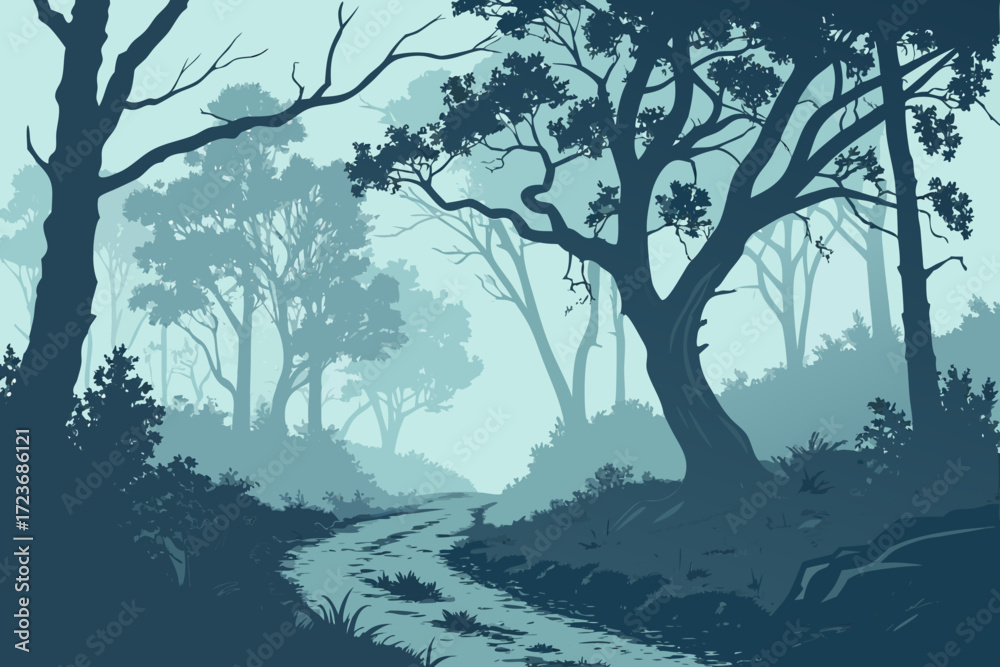 Fototapeta premium Enchanting forest path illustration for serene backgrounds, perfect for fantasy games, book covers, and nature-themed projects, a calming outdoor scene