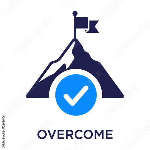 Vector illustration of a mountain peak with a flag on top and a blue checkmark circle below it