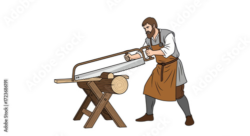 Carpenter Using a Bow Saw to Cut Wood on Sawhorse.