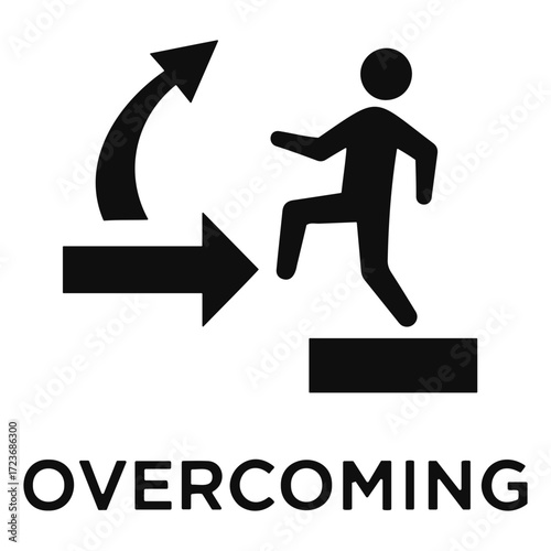 Vector illustration of a stick figure climbing a step with arrows indicating overcoming obstacles