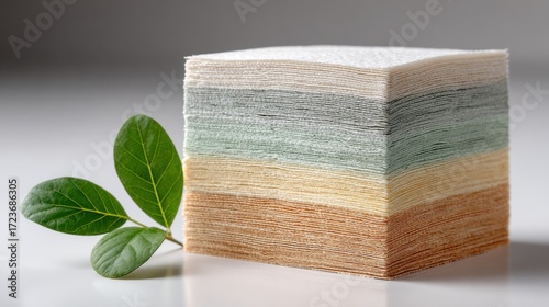 Stack of Multicolored Paper Napkins with Green Leaves. Eco-Friendly Tissue Paper Stack in Gradient Colors