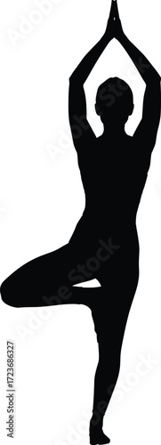 Silhouette of person in tree pose yoga posture, balanced stance, spiritual focus, calm energy, minimal vector design on white background