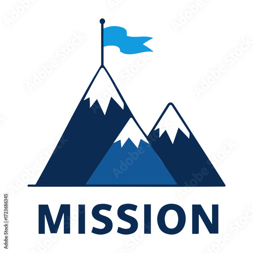 Vector illustration of three mountains with snow caps and a blue flag at the highest peak top