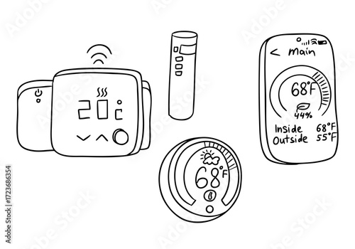 Smart home thermostat interface icons in black and white line art style. Concept of smart technology, climate control and energy efficiency