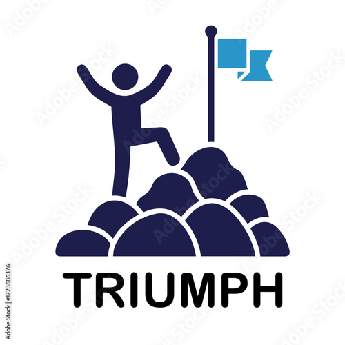 Vector illustration of a stick figure on top of a mountain with a flag and the word triumph below