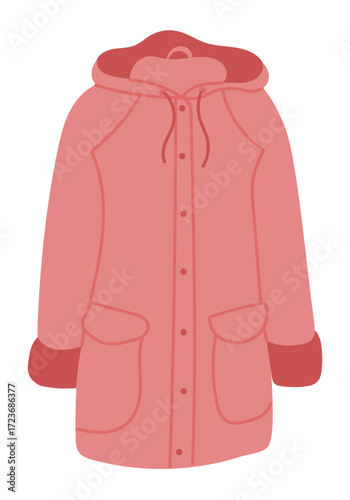 Vector illustration of a pink raincoat with hood and front pockets. Concept of seasonal outerwear, fashion design and weather protection