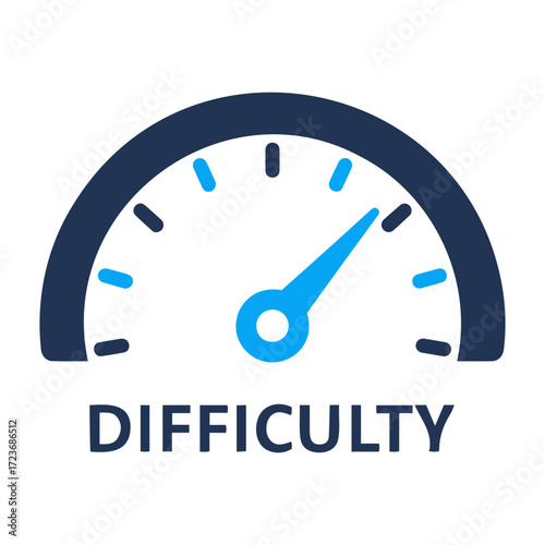 Vector illustration of a difficulty meter with a blue needle pointing towards moderate level