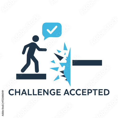 Vector person breaking through a wall with a check mark in a speech bubble and challenge accepted