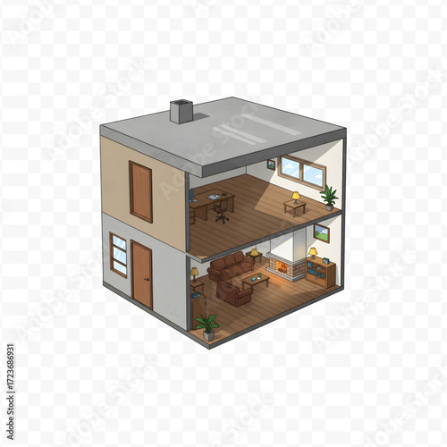 Isometric 2-Story House Interior Illustration