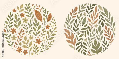 Circular botanical illustration featuring a seamless arrangement of minimalist leaves and flowers in earthy muted, Clean vector style with flat colors and gentle organic shapes