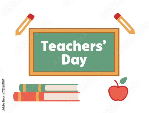 Teachers day celebration with chalkboard books pencils and apple design
