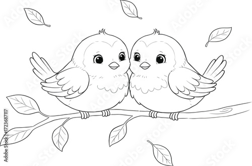 A black and white coloring page illustration of two cute cartoon birds cuddling together on a tree branch with falling leaves.