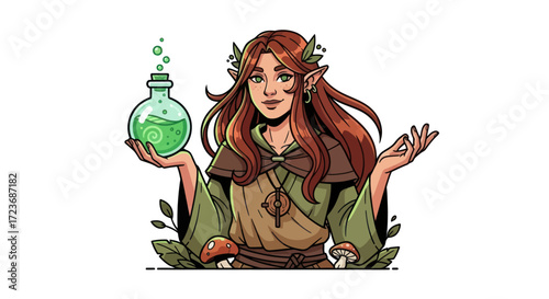 Smiling Fantasy Elf Holding Potion Bottle with Bubbles.