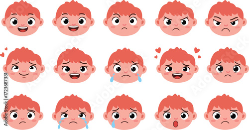 Vector collection of a little boy's head showing a wide range of emotions, from joyful smiles to angry frowns and tearful crying