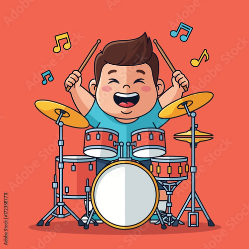 Cartoon Drummer Boy Playing Drums