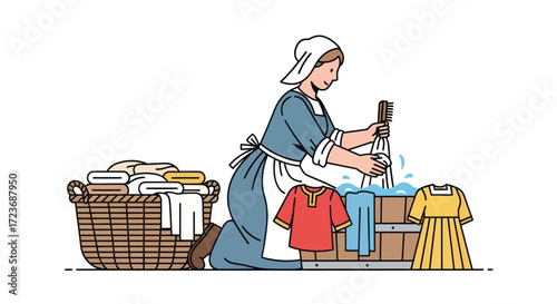 Historical Woman Hand Washing Clothes in Wooden Tub.
