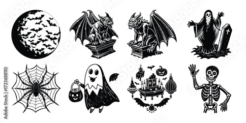 Black and white Halloween vector silhouette set with spooky icons and elements