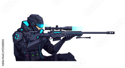 Futuristic Sniper Soldier Aiming High-Tech Rifle with Blue Glow.