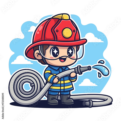 Cute cartoon firefighter character holding a water hose, adorable chibi hero mascot illustration