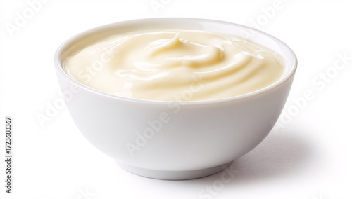 White Bowl Filled with Fresh Mayonnaise on Plain Background