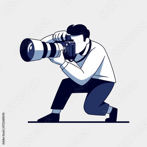 Photographer character crouching and aiming a camera with a large telephoto lens