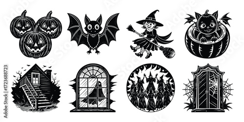 Black and white Halloween vector silhouette set with spooky icons and elements