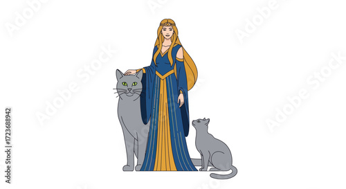 Elegant Woman in Blue Gown with Two Grey Cats.