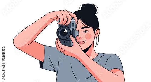 Illustration of a smiling woman holding a camera taking a picture