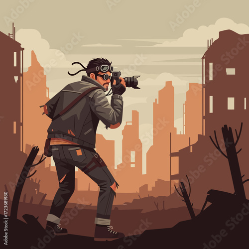 Photographer documenting post-apocalyptic cityscape