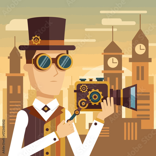 Steampunk Photographer in a Cityscape