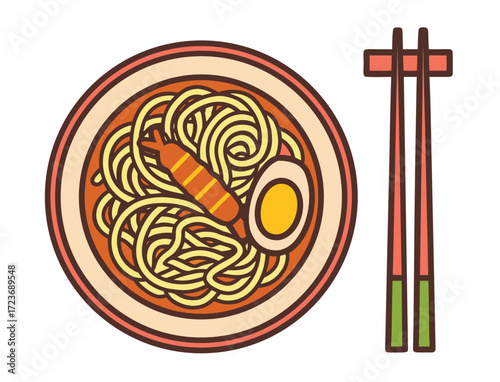 Ramen noodle bowl with egg and tempura vector illustration