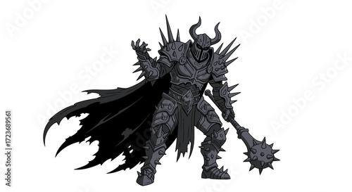 A menacing dark fantasy knight in spiky black armor wearing a horned helmet and holding a large mace.